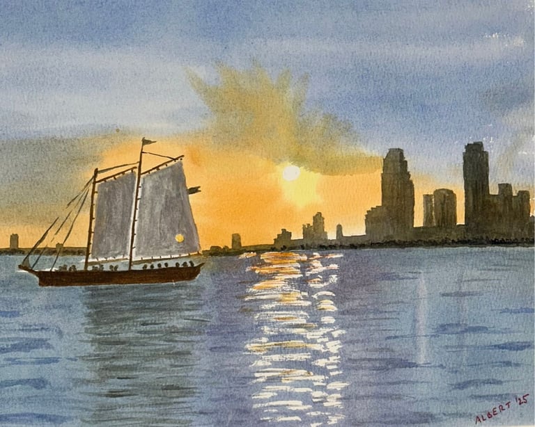 Original painting depicting the Hudson River at sunset with water and sky in warm light.