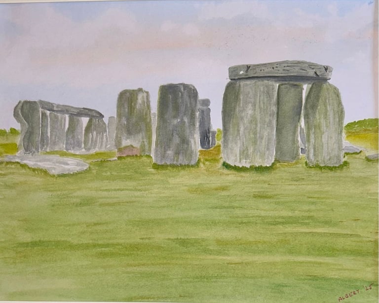 Original painting depicting Stonehenge standing within an open landscape under a quiet sky.
