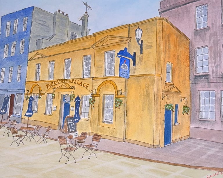 Original watercolor street scene of The Crystal Palace pub with warm yellow façade in Bath, England