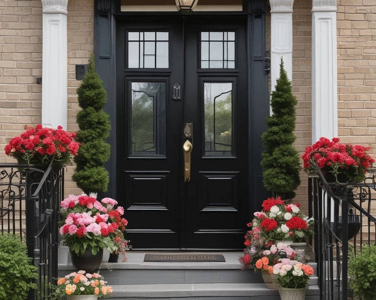 An elegant front door adorned with a luxurious wreath, showcasing its unique design and vibrant colors.