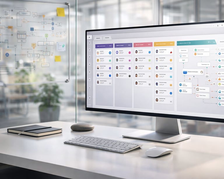 Project management software displaying a workflow task board on a computer monitor in a modern office.