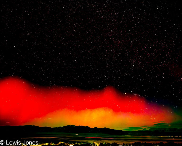 A rare northern lights event in the Eastern Sierra. with Crowley Lake in the foreground
