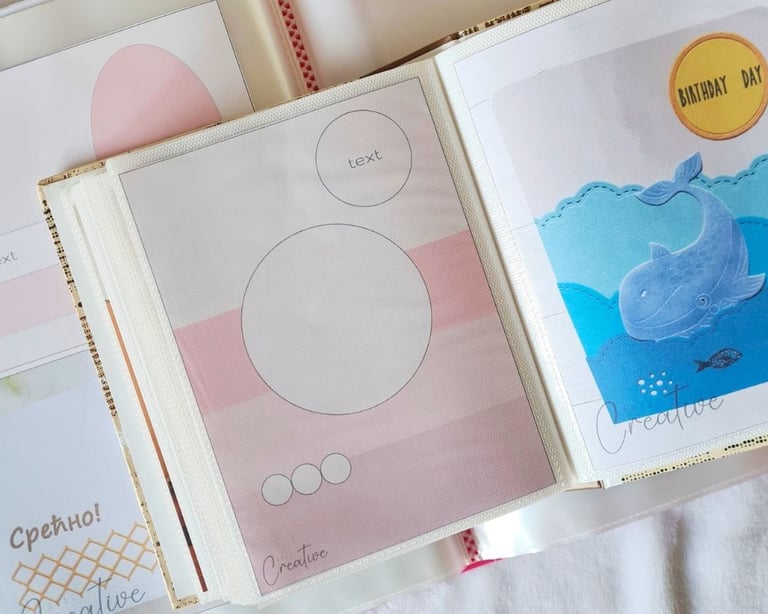 Open photo album with pastel-themed card making sketches. Left page has pink circles for text; right