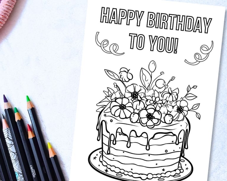 Printable Coloring Birthday Card with a Cake