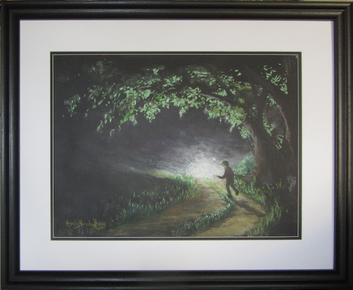 A figure walks down a deserted road into a strong beam of light -where is he going to?