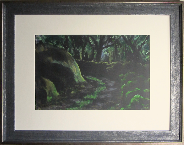 Light shining through the trees bouncing off the rocks lights up this road through the rocks drawn in pastel on black paper