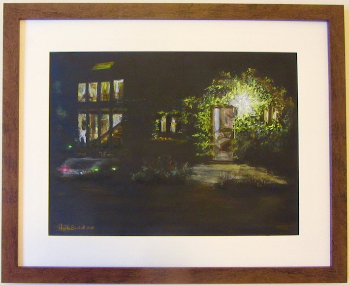 Welcoming light pours through the door and windows at my home in France. Drawn in soft pastel on black paper. SOLD