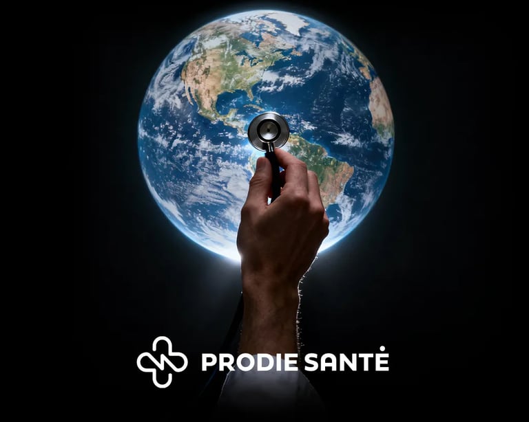 Prodie Santé illustration showing a doctor listening to planet Earth with a stethoscope