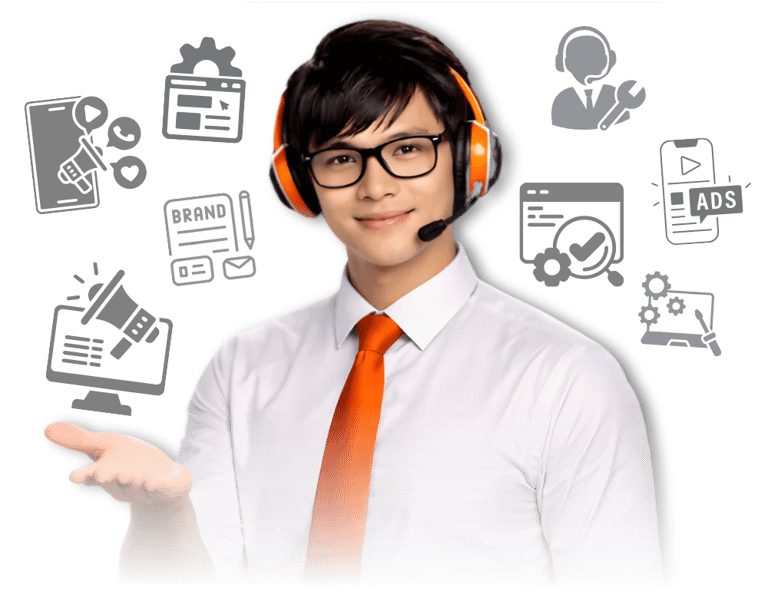 TMN Customer support agent with headset providing digital marketing and technical assistance.