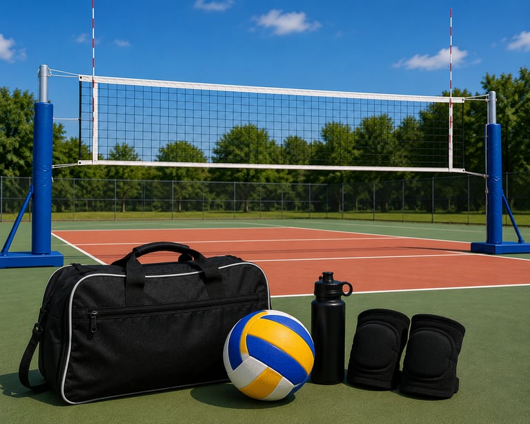 Volleyball gear including a ball, bag, knee pads, and water bottle on an outdoor court.