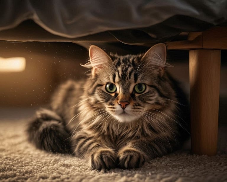 gato escondido bajo la cama