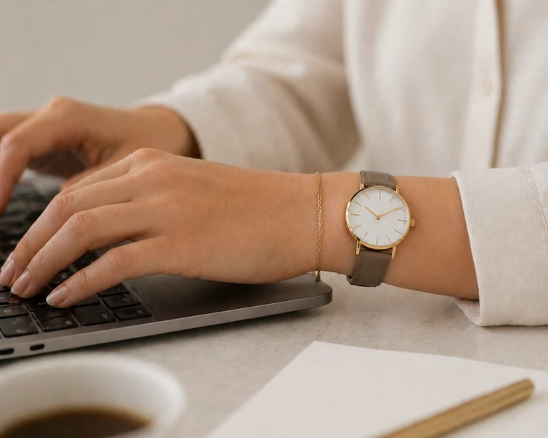 Woman typing on laptop wearing sleek watch and thin bracelet in minimal office style