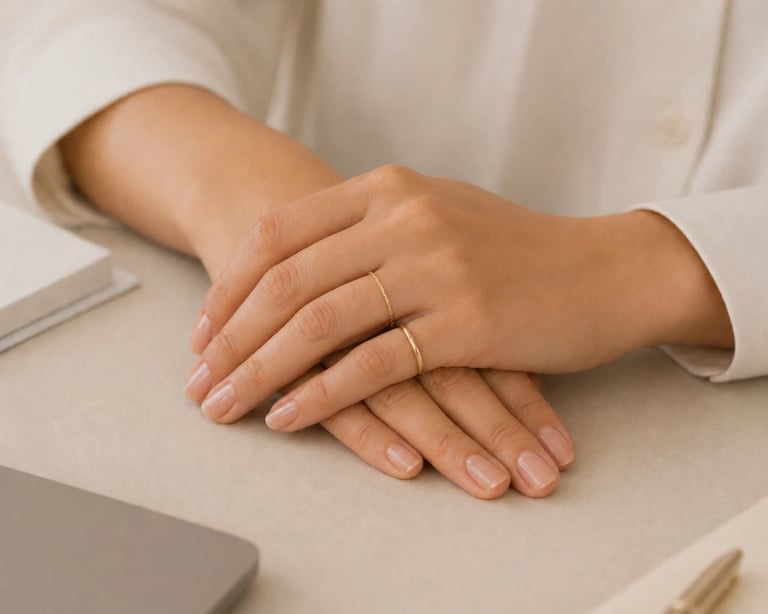 Minimal hand jewelry with simple gold ring and thin band on natural nails