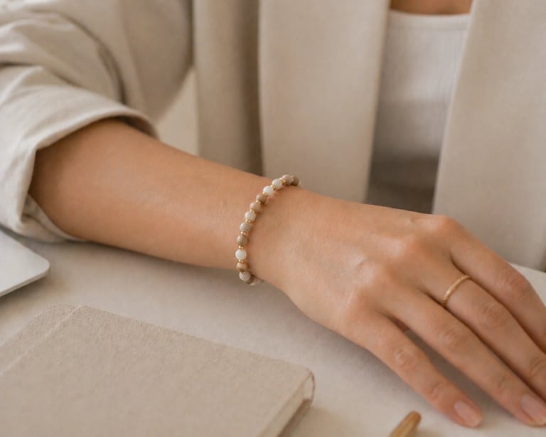 Minimal bead bracelet in neutral tones styled for everyday elegant look