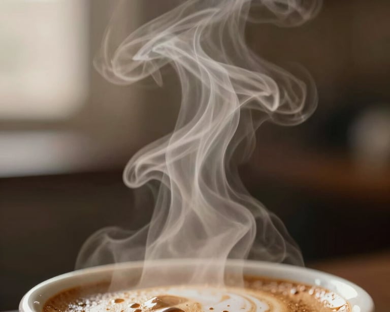Macro shot of coffee steam in the morning light, cinematic depth of field, warm earthy palette.