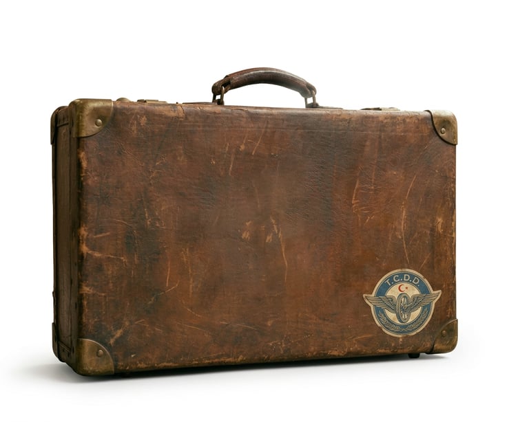 Vintage brown leather suitcase with a T.C.D.D. railway sticker on a white background.