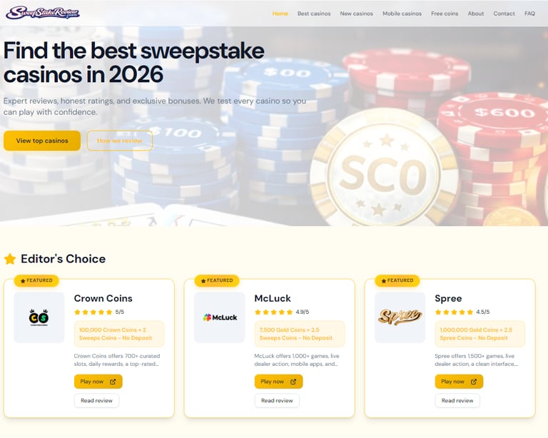 Best US sweepstakes casino reviews on SweepStakeReview.com