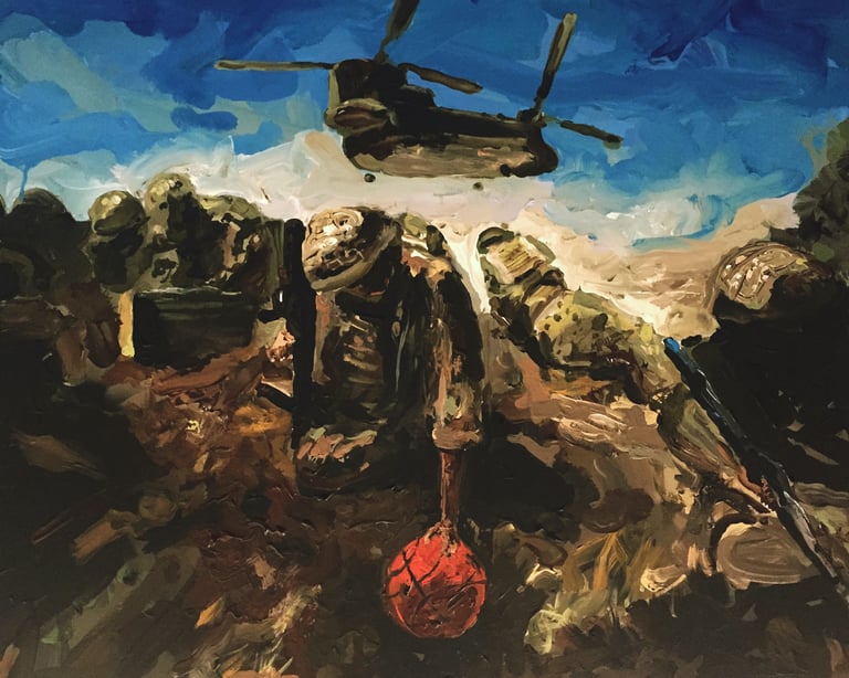 a painting of a helicopter and soldiers playing basketball