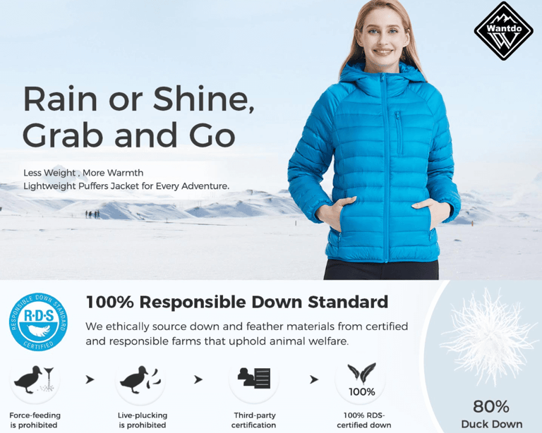 Wantdo women's packable down jacket shown compressed into its tiny stuff sack beside a passport