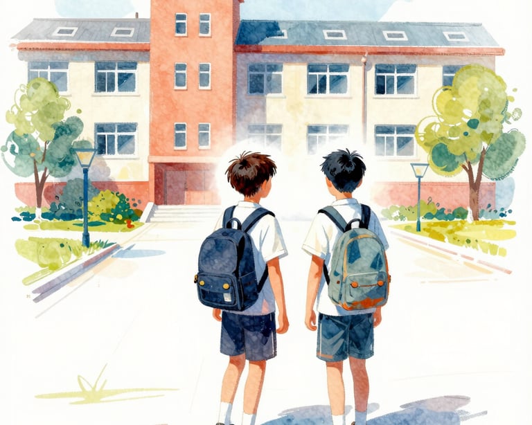 Two male high school students in navy blue uniforms walking together in front of a school building.