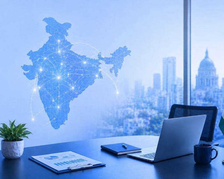Workspace with India map showing business growth opportunities for Indian companies
