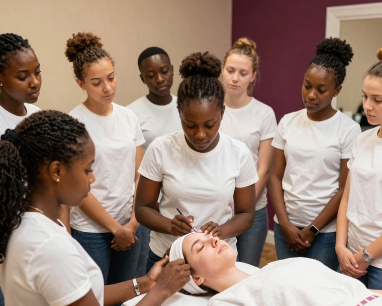 Hands applying luxurious skincare products during a professional training session.