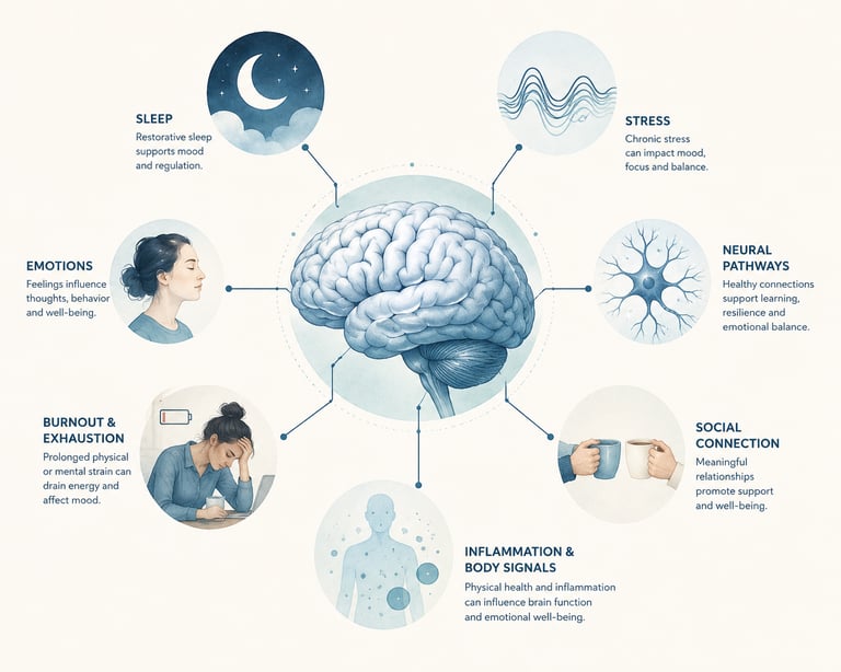 Diagram of a human brain surrounded by factors affecting mental health like sleep, stress, and social connection.