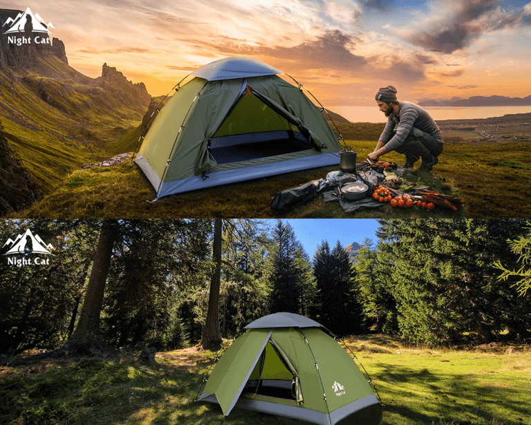 a man is setting up his tent in the mountains