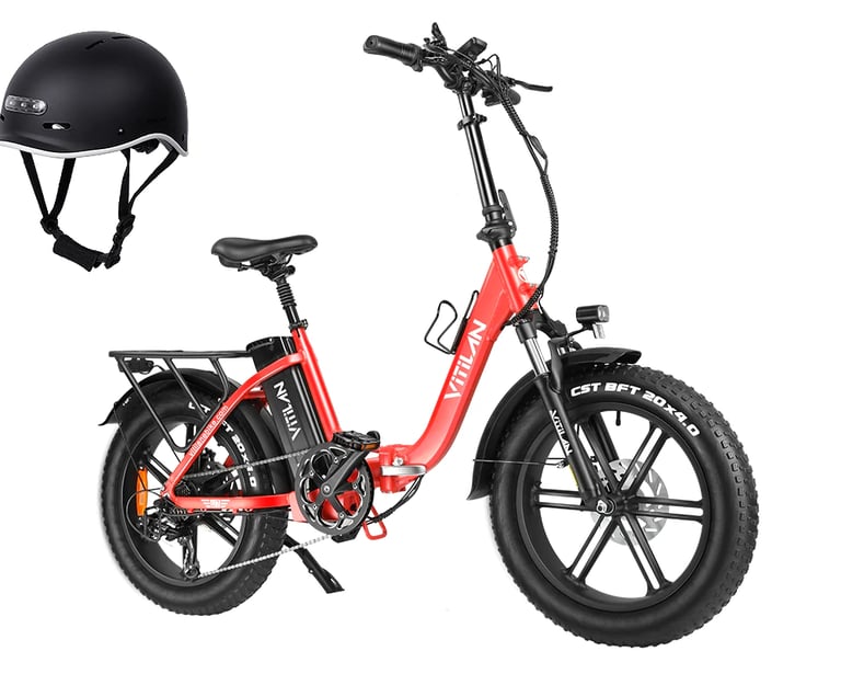 Orange Vitilan U7 ebike with helmet
