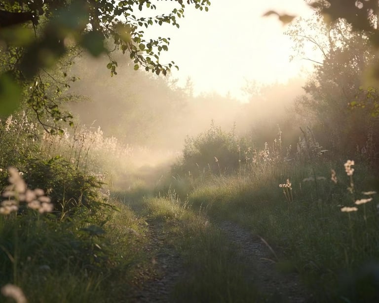 Chemin lumineux à travers un paysage naturel symbolisant le parcours de guérison des troubles alimen