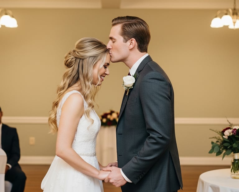 Ένα νεόνυμφο ζευγάρι που χαμογελά και κρατιέται χέρι χέρι.