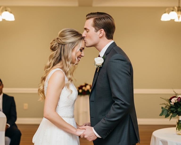 A newlywed couple smiling and holding hands.