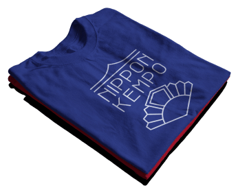 a blue t - shirt with a white logo