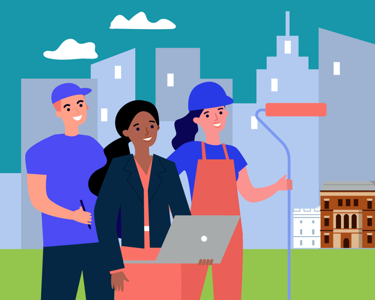 Illustration of three workers standing in front of a city