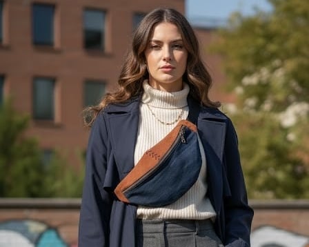 femme portant un sac banane bicolore en daim marron et denim bleu.