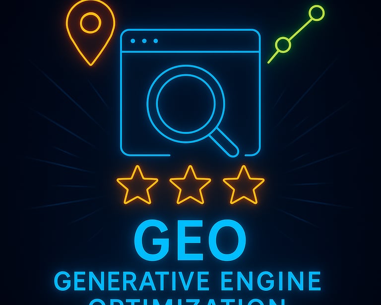 a neon - lit sign with a magnifying image of a search engine Generative Engine Optimization