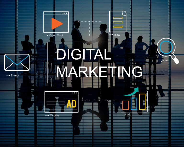 Digital marketing concept with business silhouettes, "DIGITAL MARKETING" text, and strategy icons.