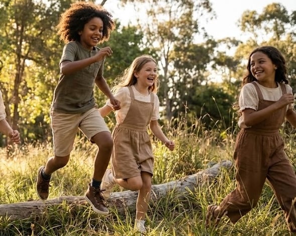 spelende kinderen in een bos 