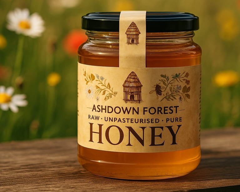 A jar of summer harvest honey with a background of flowers