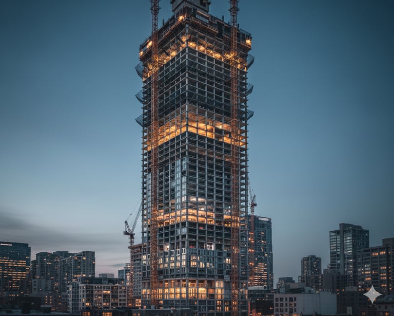 High-rise tower under active construction with cranes, illustrating strong project performance