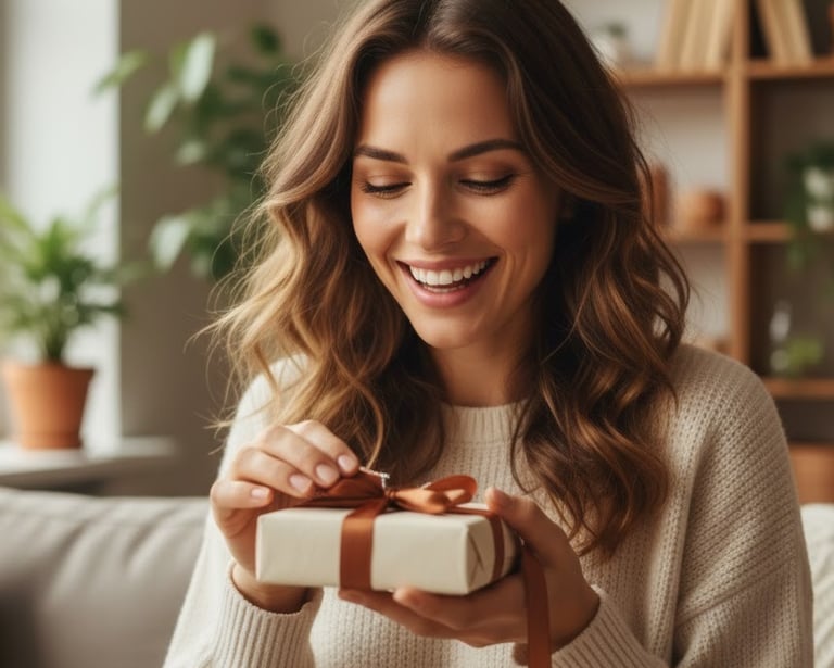 een volwassen vrouw die een cadeautje krijgt