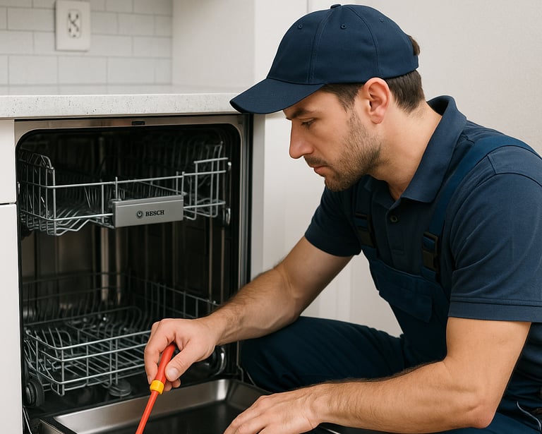 echnician servicing a Bosch dishwasher in a modern kitchen.