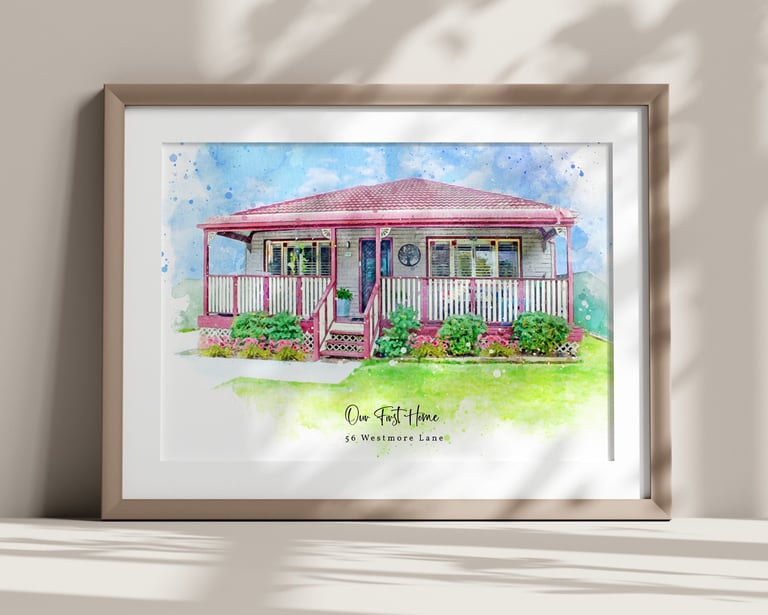 Framed watercolour painting of a house leaning against the wall with shadows