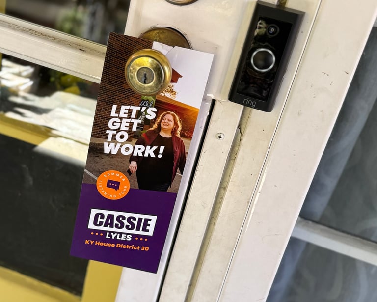 a door handle latched door with a sign that says let's get off