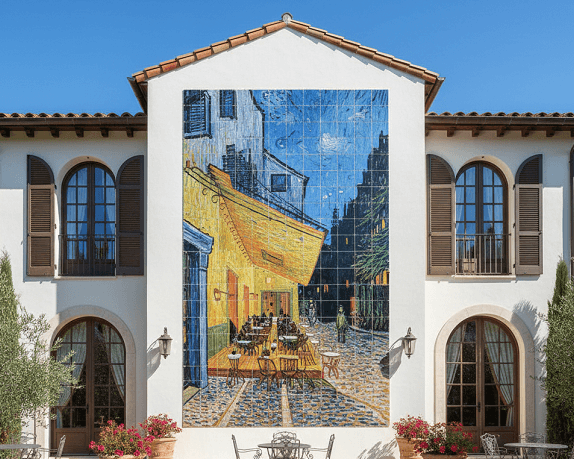 Mural de azulejos que trata sobre la terraza de un cafe