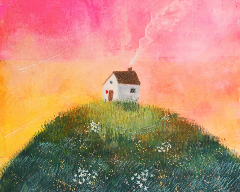 house on hill - whimsical wall art uk