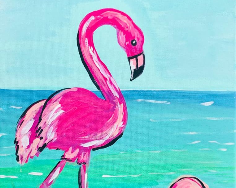 bright flamingo painting from a paint party in cozumel mexico