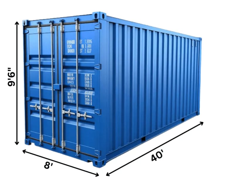Blue 40ft High Cube One-Trip container with exterior dimensions