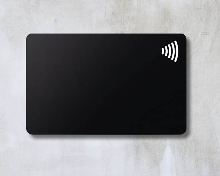 a black NFC pvc card with a wireless Logo on top made in paranaque