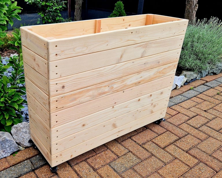 restaurant planter on wheels shallow bottom WOODEN OUTDOOR PLANTER GARDEN SOLID WOOD HANDMADE UK LONDON THROUGH tall large